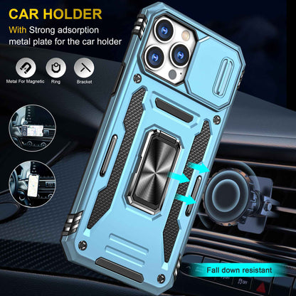 For iPhone 13 Pro 6.1 inch Slide Camera Cover Anti-fingerprint Phone Case PC + TPU Ring Kickstand Cell Phone Shell