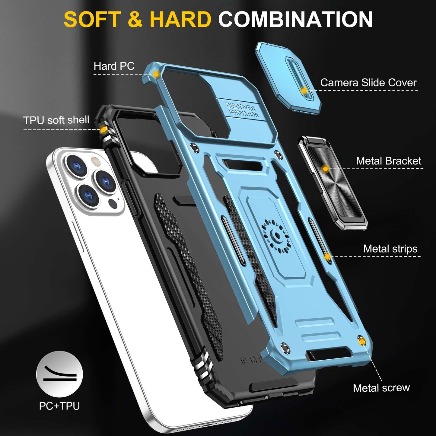For iPhone 13 Pro 6.1 inch Slide Camera Cover Anti-fingerprint Phone Case PC + TPU Ring Kickstand Cell Phone Shell