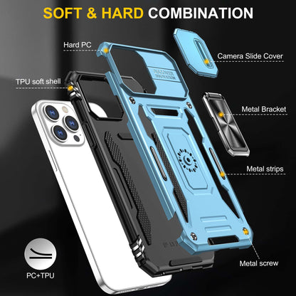 For iPhone 13 Pro 6.1 inch Slide Camera Cover Anti-fingerprint Phone Case PC + TPU Ring Kickstand Cell Phone Shell