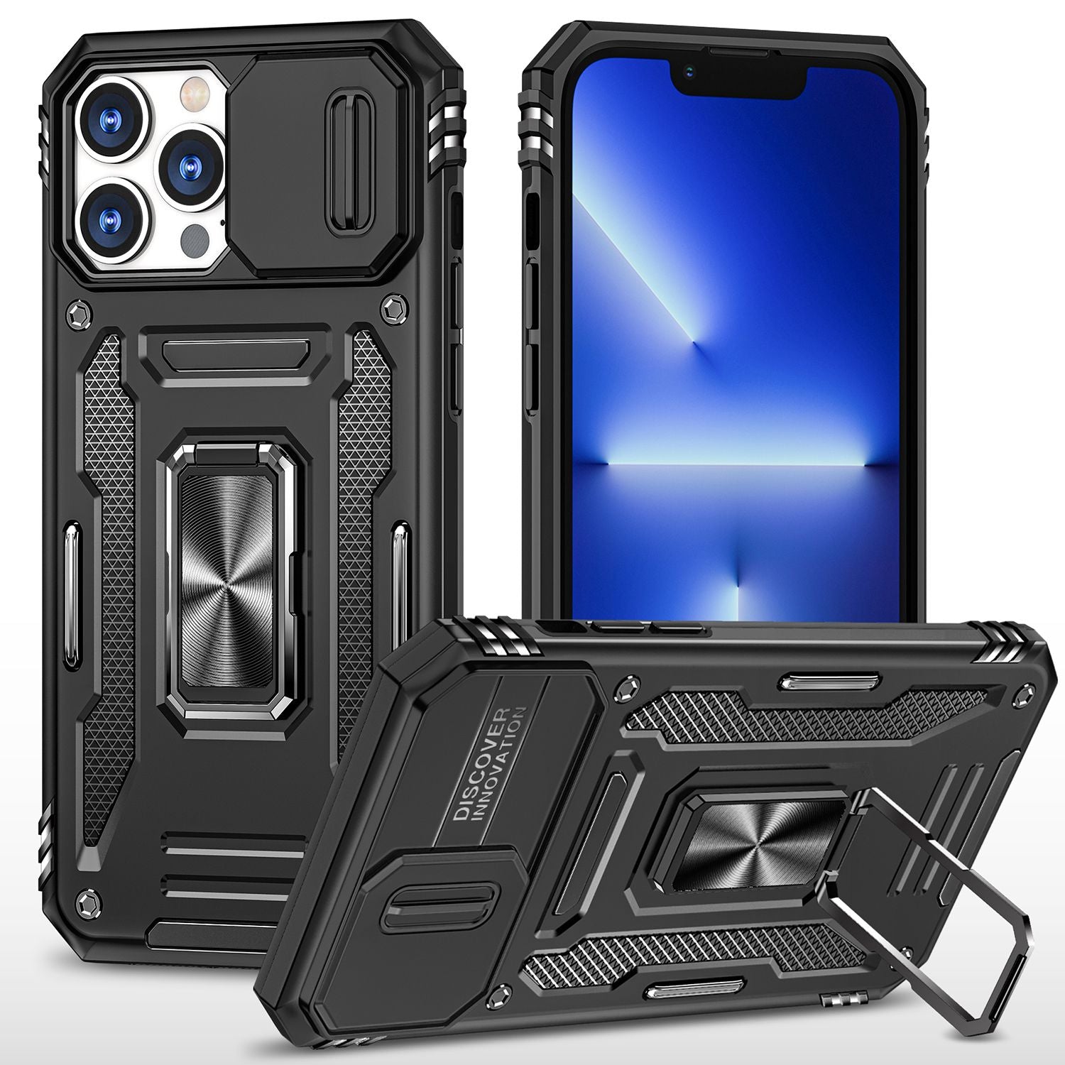 For iPhone 13 Pro 6.1 inch Slide Camera Cover Anti-fingerprint Phone Case PC + TPU Ring Kickstand Cell Phone Shell