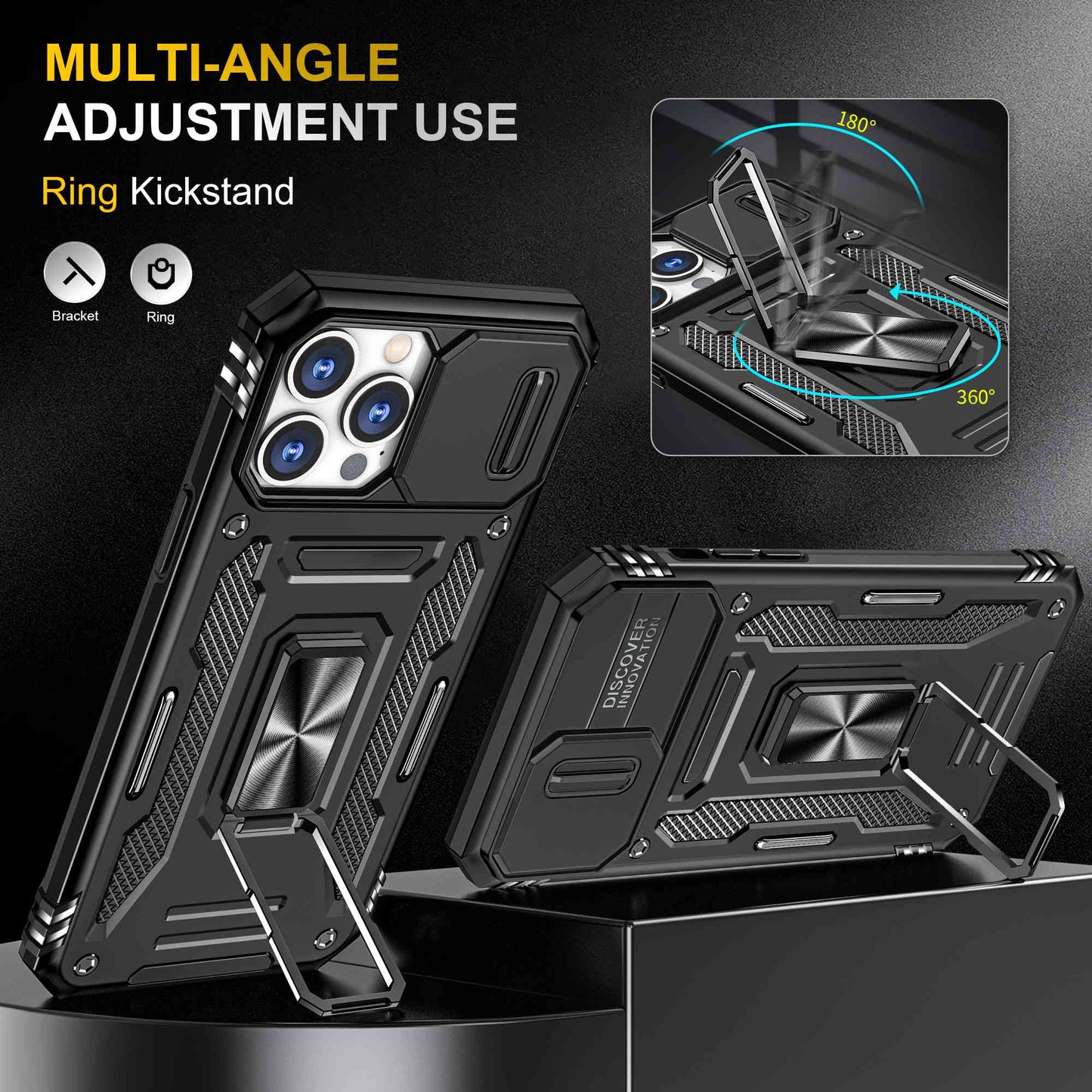 For iPhone 13 Pro 6.1 inch Slide Camera Cover Anti-fingerprint Phone Case PC + TPU Ring Kickstand Cell Phone Shell
