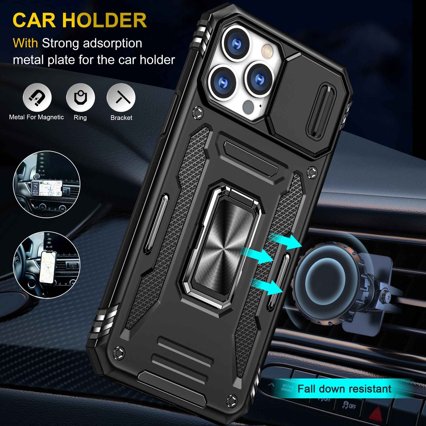 For iPhone 13 Pro 6.1 inch Slide Camera Cover Anti-fingerprint Phone Case PC + TPU Ring Kickstand Cell Phone Shell