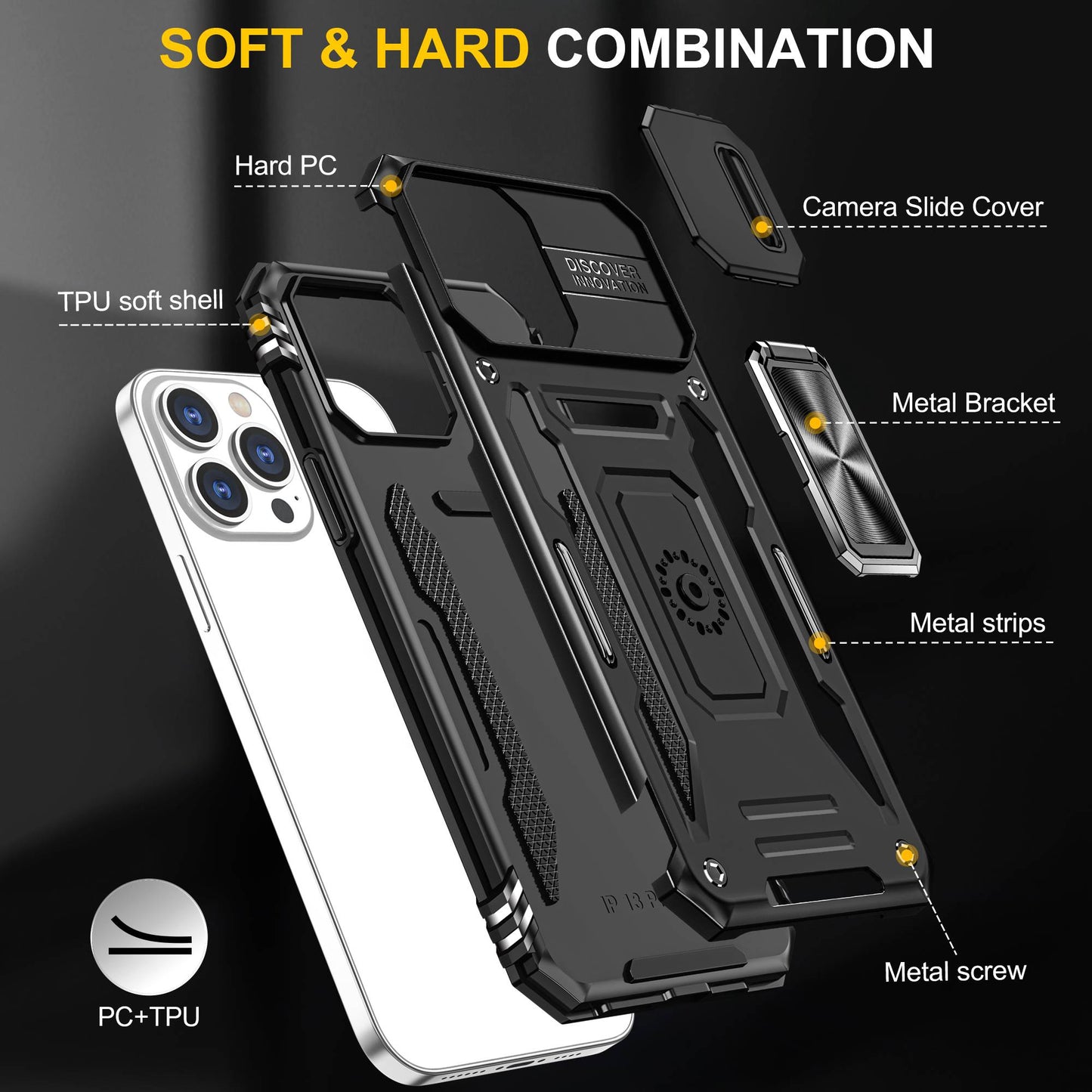 For iPhone 13 Pro 6.1 inch Slide Camera Cover Anti-fingerprint Phone Case PC + TPU Ring Kickstand Cell Phone Shell