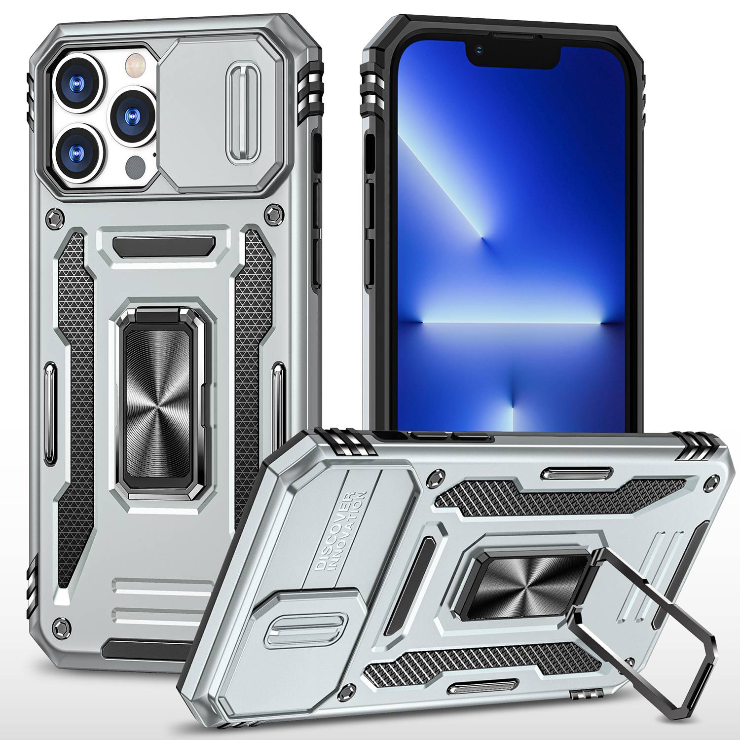 For iPhone 13 Pro 6.1 inch Slide Camera Cover Anti-fingerprint Phone Case PC + TPU Ring Kickstand Cell Phone Shell