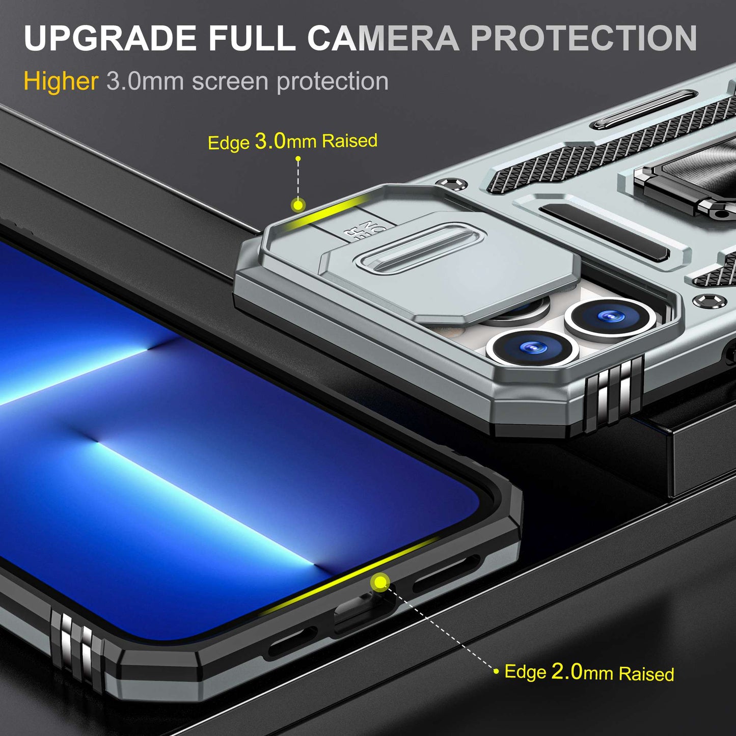For iPhone 13 Pro 6.1 inch Slide Camera Cover Anti-fingerprint Phone Case PC + TPU Ring Kickstand Cell Phone Shell