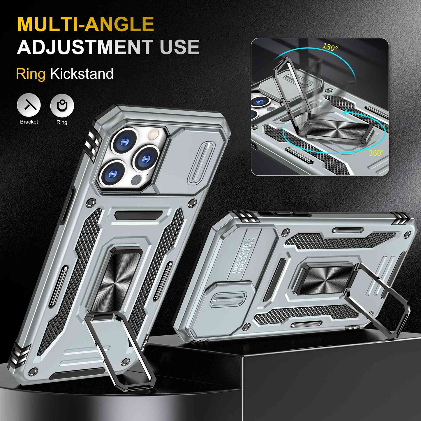 For iPhone 13 Pro 6.1 inch Slide Camera Cover Anti-fingerprint Phone Case PC + TPU Ring Kickstand Cell Phone Shell