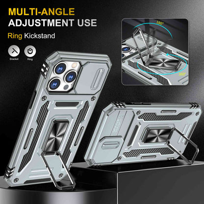For iPhone 13 Pro 6.1 inch Slide Camera Cover Anti-fingerprint Phone Case PC + TPU Ring Kickstand Cell Phone Shell