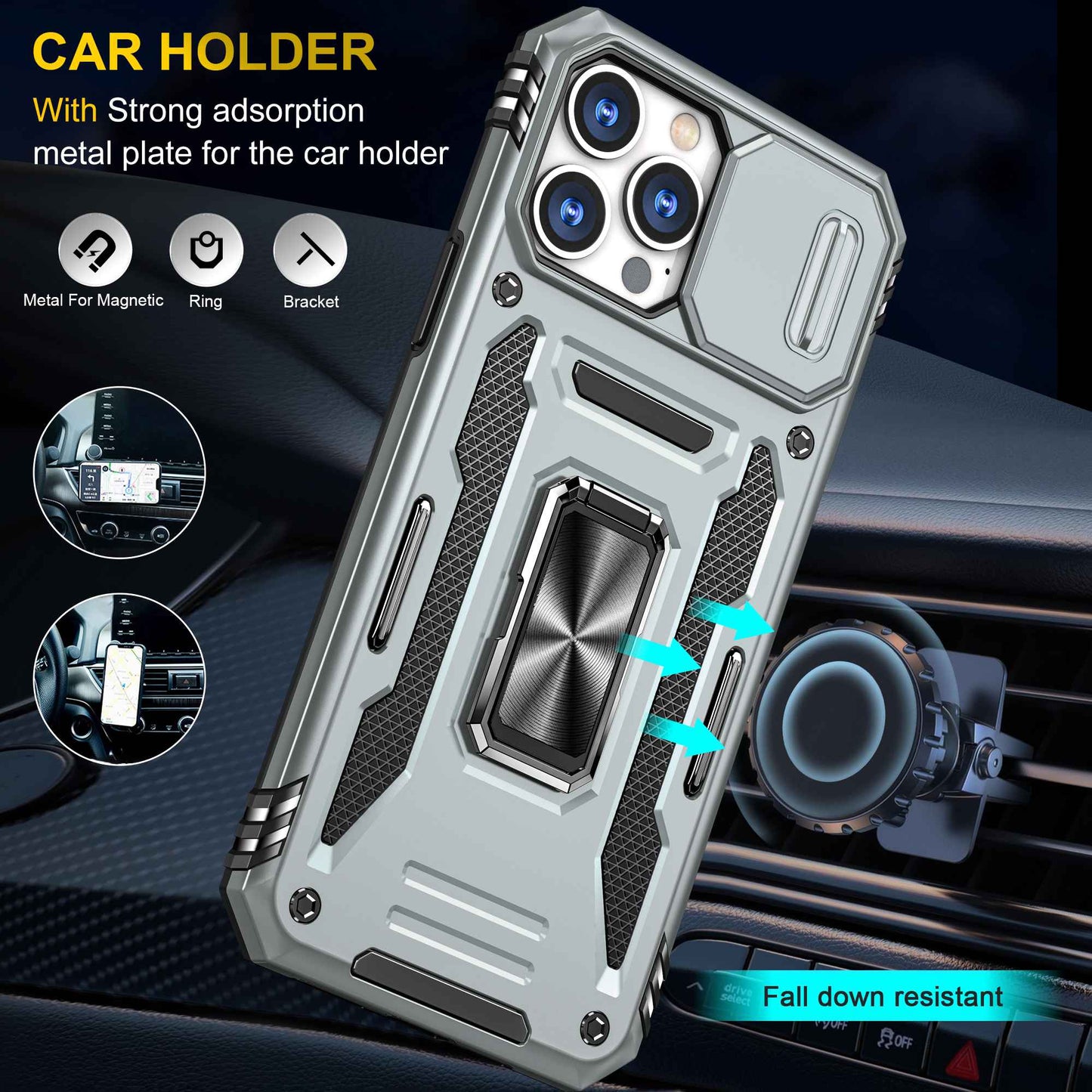 For iPhone 13 Pro 6.1 inch Slide Camera Cover Anti-fingerprint Phone Case PC + TPU Ring Kickstand Cell Phone Shell