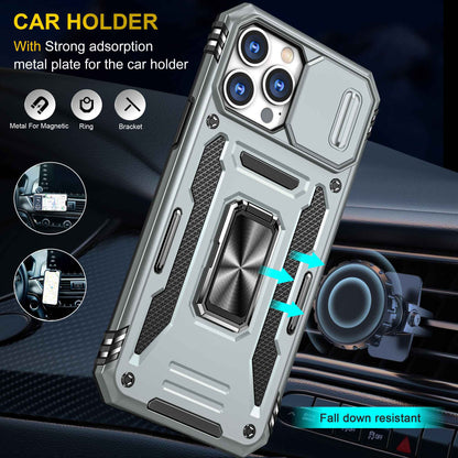 For iPhone 13 Pro 6.1 inch Slide Camera Cover Anti-fingerprint Phone Case PC + TPU Ring Kickstand Cell Phone Shell