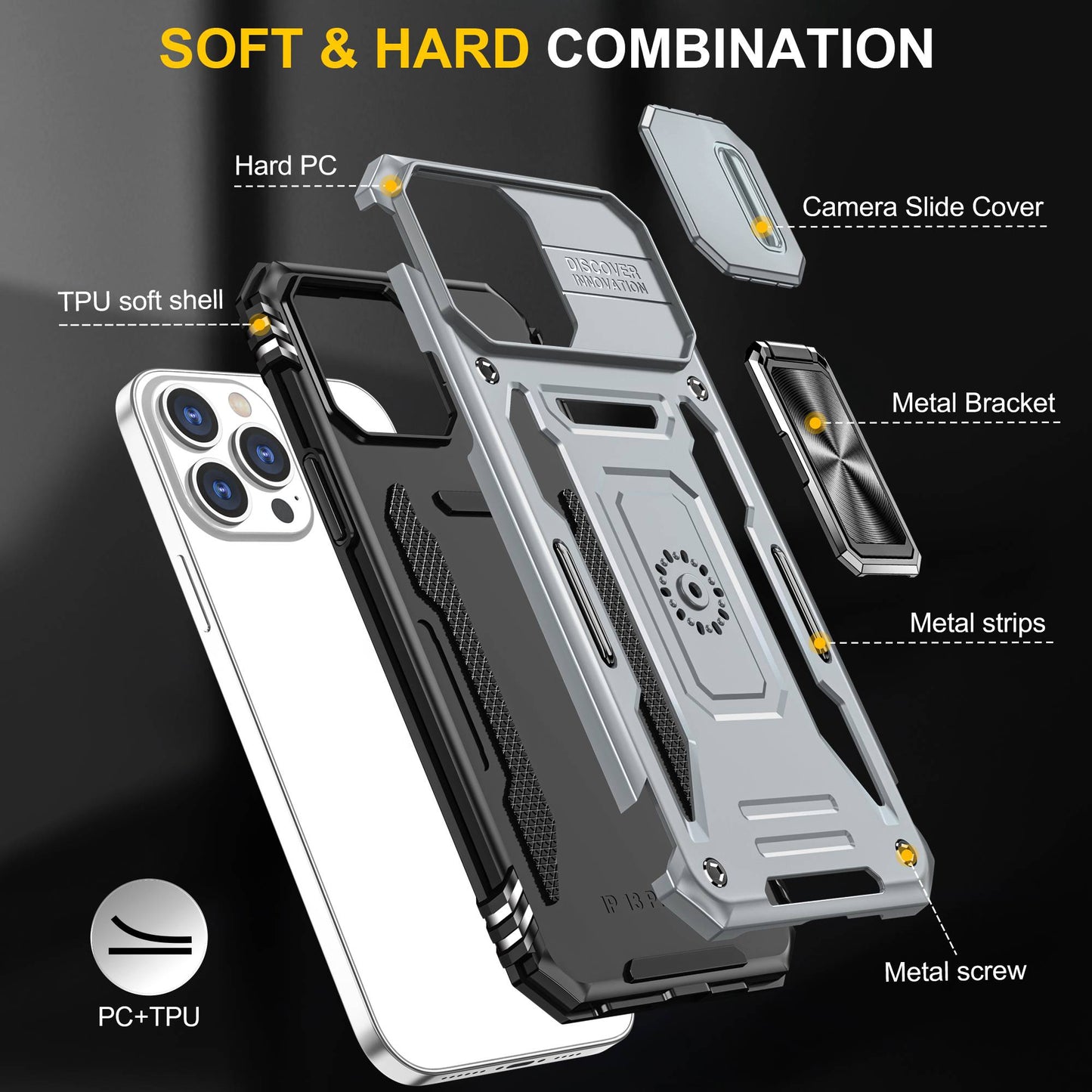 For iPhone 13 Pro 6.1 inch Slide Camera Cover Anti-fingerprint Phone Case PC + TPU Ring Kickstand Cell Phone Shell