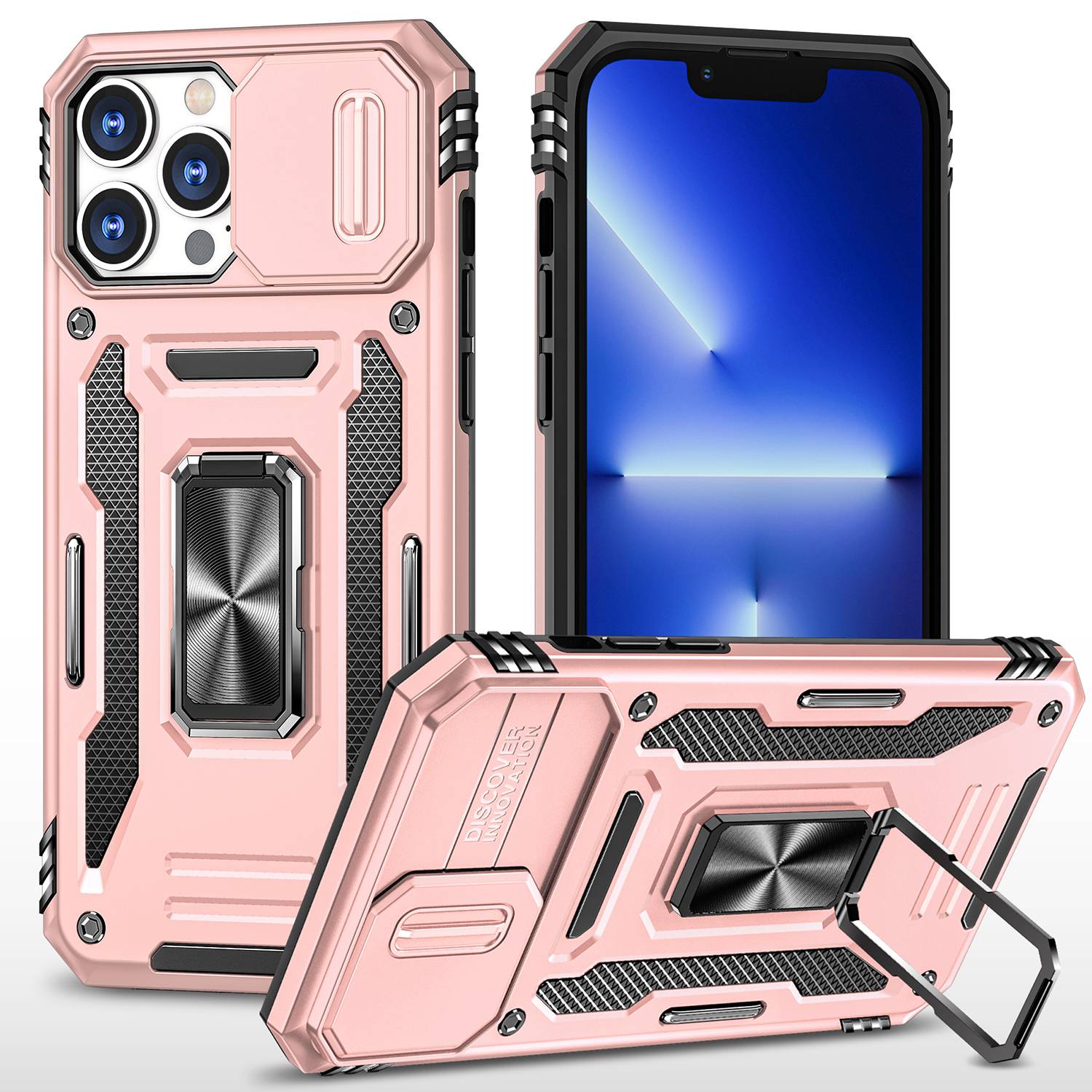 For iPhone 13 Pro 6.1 inch Slide Camera Cover Anti-fingerprint Phone Case PC + TPU Ring Kickstand Cell Phone Shell