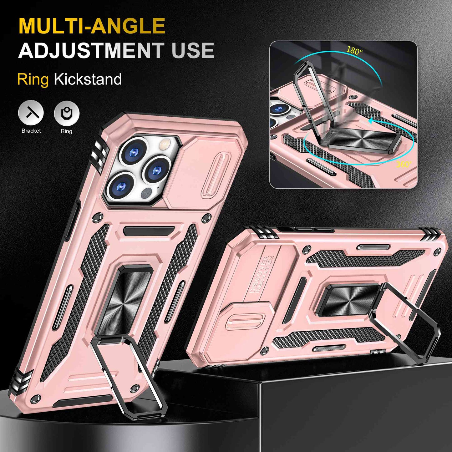 For iPhone 13 Pro 6.1 inch Slide Camera Cover Anti-fingerprint Phone Case PC + TPU Ring Kickstand Cell Phone Shell