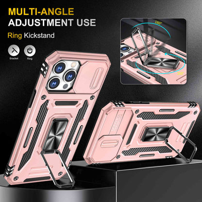 For iPhone 13 Pro 6.1 inch Slide Camera Cover Anti-fingerprint Phone Case PC + TPU Ring Kickstand Cell Phone Shell