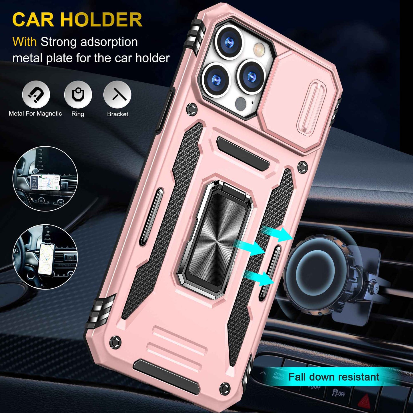 For iPhone 13 Pro 6.1 inch Slide Camera Cover Anti-fingerprint Phone Case PC + TPU Ring Kickstand Cell Phone Shell