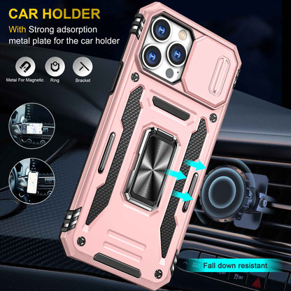 For iPhone 13 Pro 6.1 inch Slide Camera Cover Anti-fingerprint Phone Case PC + TPU Ring Kickstand Cell Phone Shell