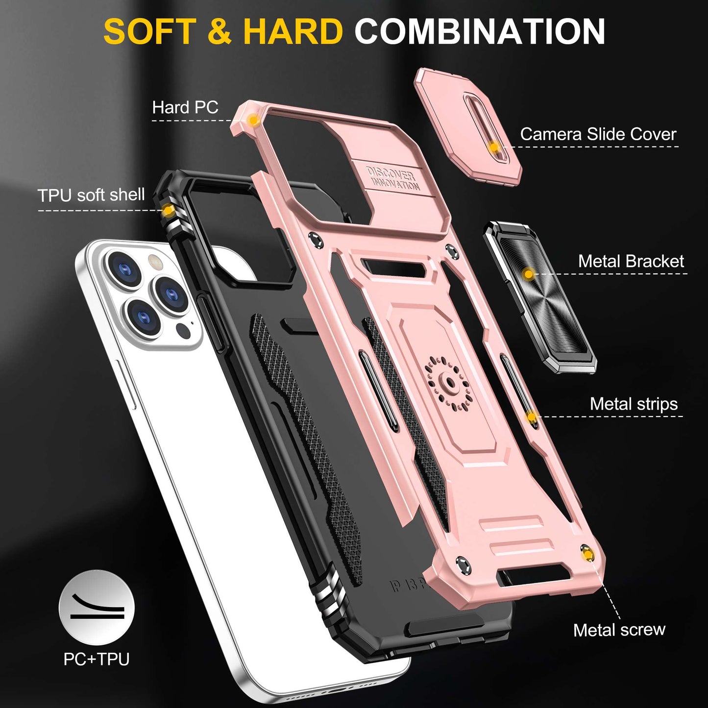For iPhone 13 Pro 6.1 inch Slide Camera Cover Anti-fingerprint Phone Case PC + TPU Ring Kickstand Cell Phone Shell