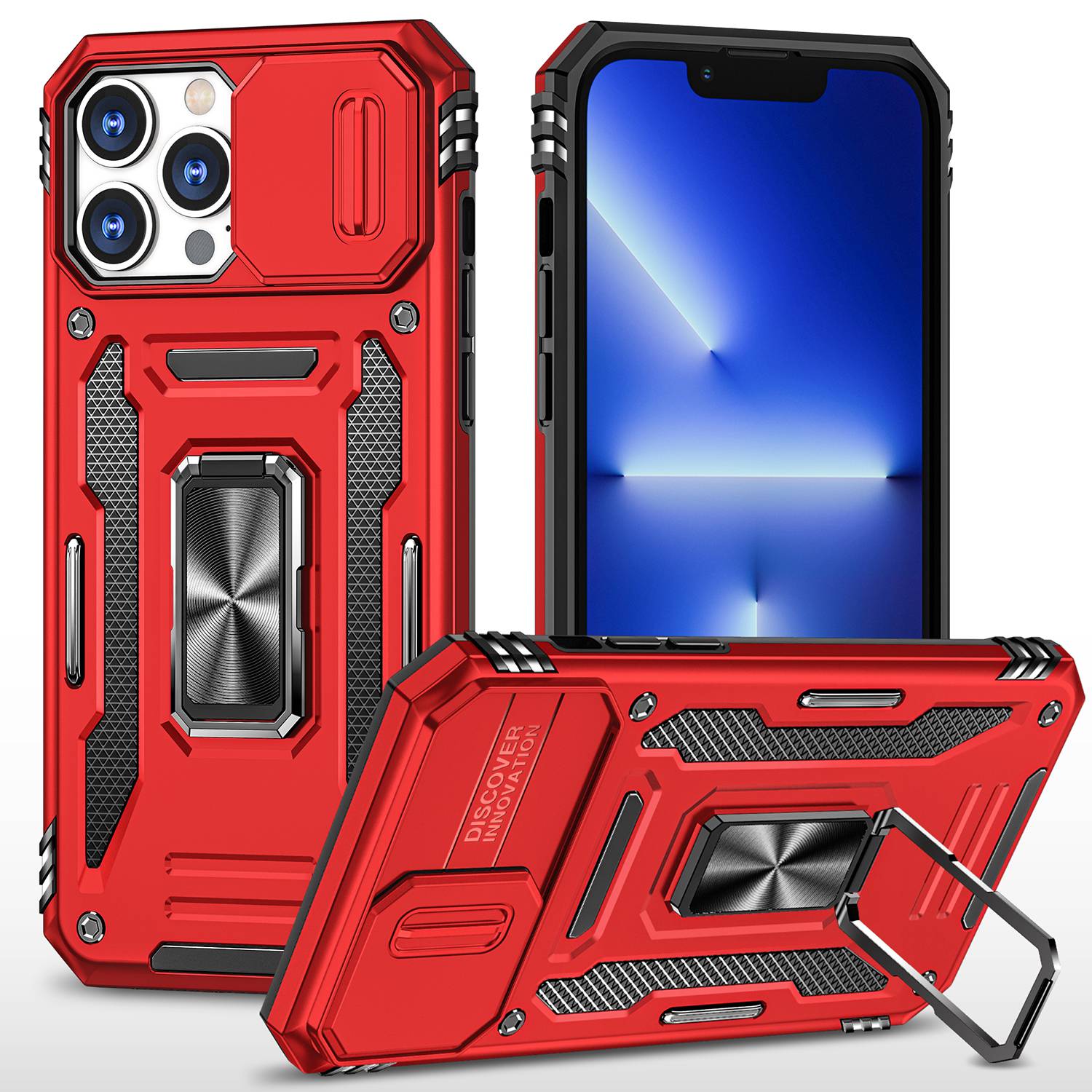 For iPhone 13 Pro 6.1 inch Slide Camera Cover Anti-fingerprint Phone Case PC + TPU Ring Kickstand Cell Phone Shell