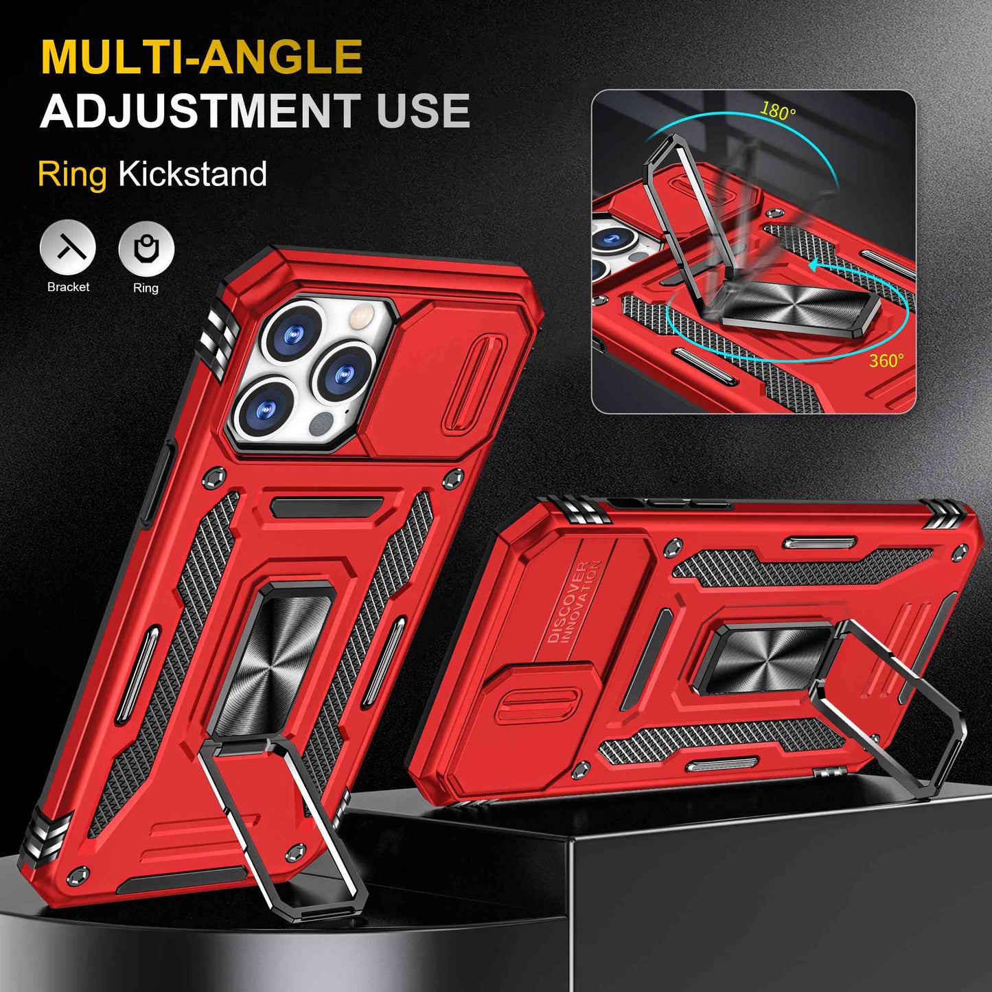For iPhone 13 Pro 6.1 inch Slide Camera Cover Anti-fingerprint Phone Case PC + TPU Ring Kickstand Cell Phone Shell