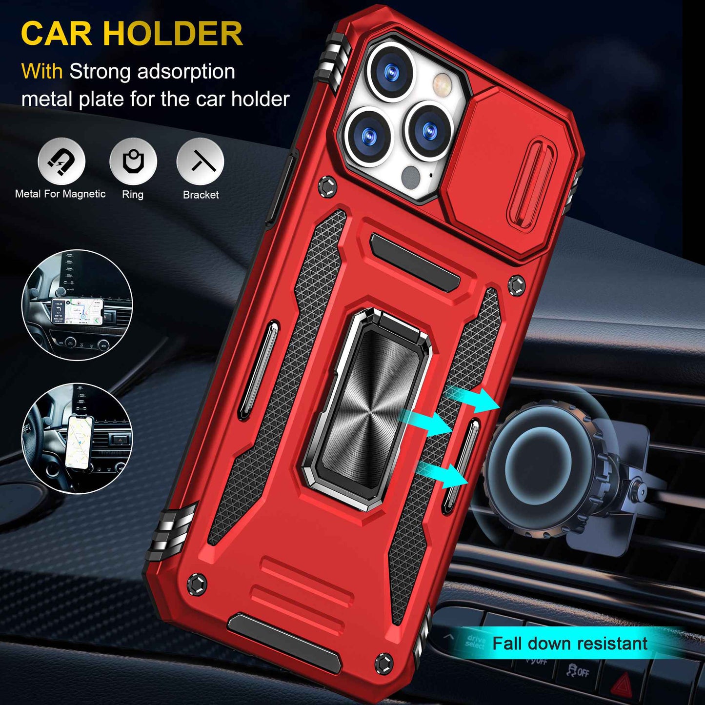For iPhone 13 Pro 6.1 inch Slide Camera Cover Anti-fingerprint Phone Case PC + TPU Ring Kickstand Cell Phone Shell