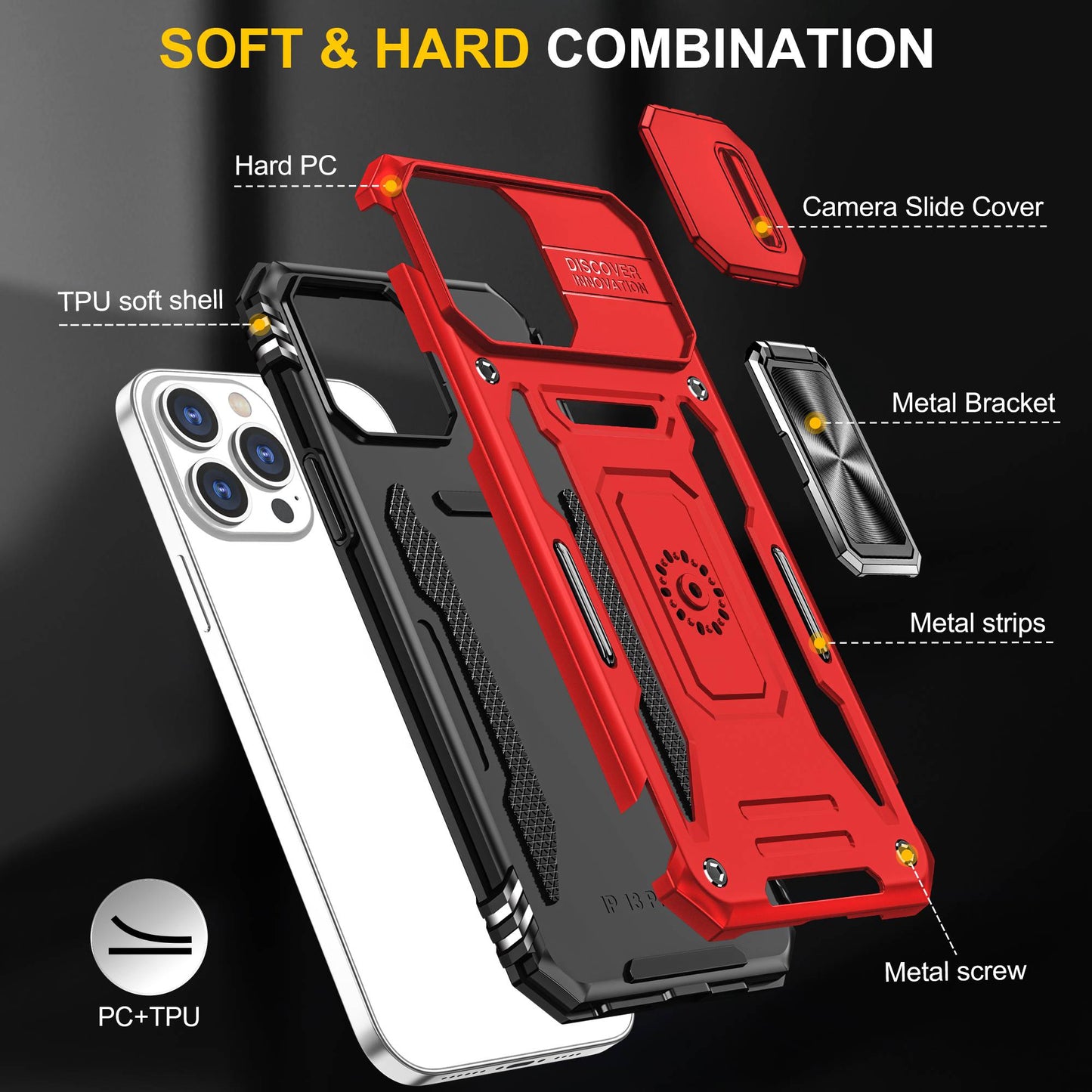 For iPhone 13 Pro 6.1 inch Slide Camera Cover Anti-fingerprint Phone Case PC + TPU Ring Kickstand Cell Phone Shell