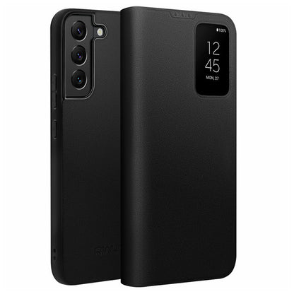 QIALINO For Samsung Galaxy S22 5G Smart Auto Wake Up / Sleep View Window Phone Case Genuine Cowhide Leather Phone Flip Cover