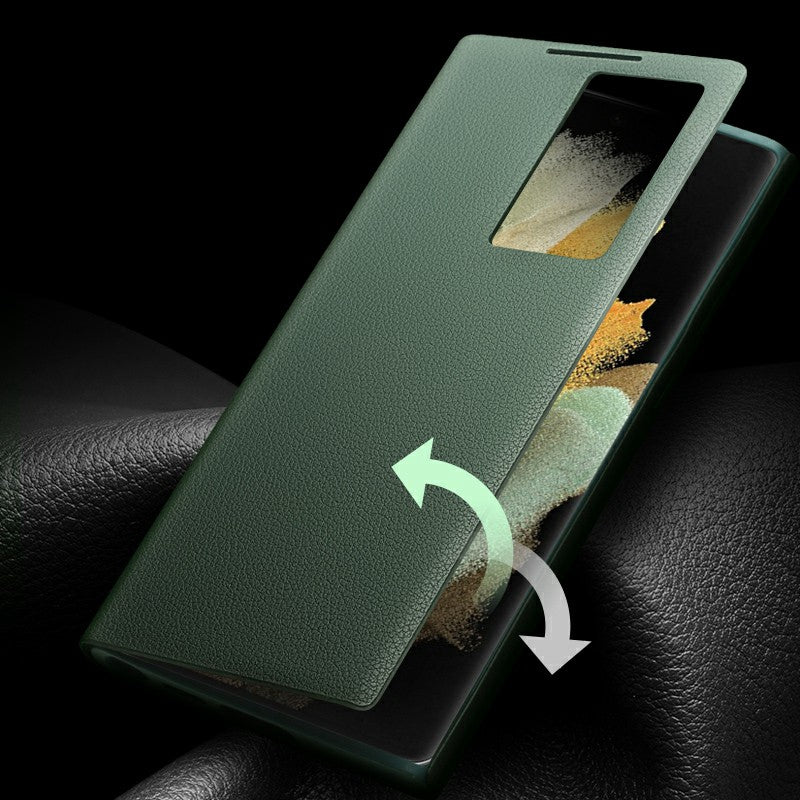 QIALINO For Samsung Galaxy S22 5G Smart Auto Wake Up / Sleep View Window Phone Case Genuine Cowhide Leather Phone Flip Cover