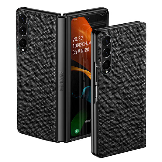 AIORIA Phone Case For Samsung Galaxy Z Fold3 5G Anti-drop Cross Texture PU Leather Coating PC Anti-scratch Back Cover