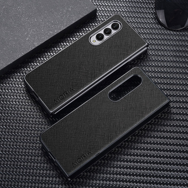 AIORIA Phone Case For Samsung Galaxy Z Fold3 5G Anti-drop Cross Texture PU Leather Coating PC Anti-scratch Back Cover