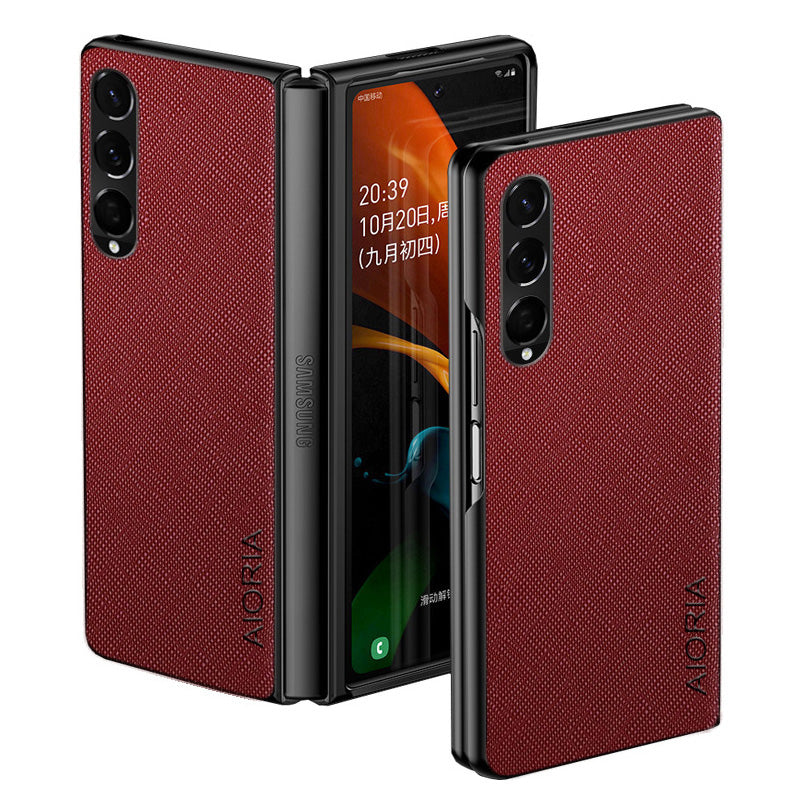 AIORIA Phone Case For Samsung Galaxy Z Fold3 5G Anti-drop Cross Texture PU Leather Coating PC Anti-scratch Back Cover