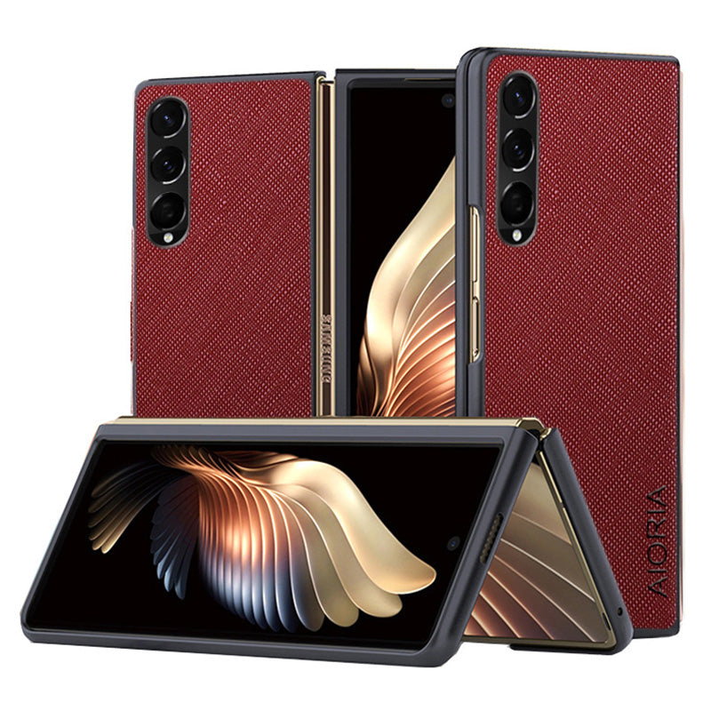 AIORIA Phone Case For Samsung Galaxy Z Fold3 5G Anti-drop Cross Texture PU Leather Coating PC Anti-scratch Back Cover