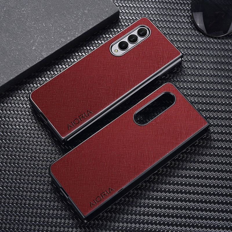 AIORIA Phone Case For Samsung Galaxy Z Fold3 5G Anti-drop Cross Texture PU Leather Coating PC Anti-scratch Back Cover