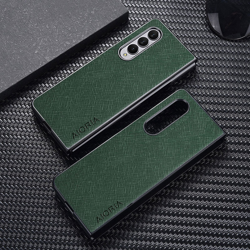 AIORIA Phone Case For Samsung Galaxy Z Fold3 5G Anti-drop Cross Texture PU Leather Coating PC Anti-scratch Back Cover