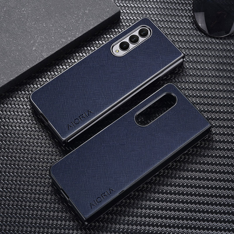 AIORIA Phone Case For Samsung Galaxy Z Fold3 5G Anti-drop Cross Texture PU Leather Coating PC Anti-scratch Back Cover