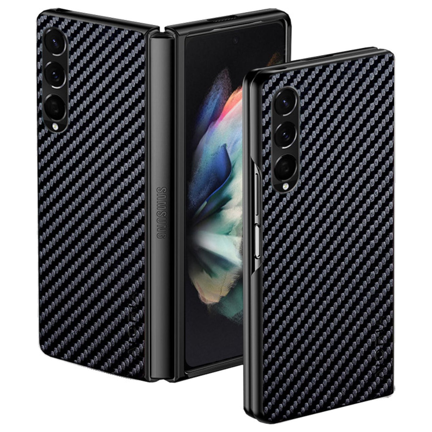 AIORIA for Samsung Galaxy Z Fold3 5G Anti-scratch Phone Case Carbon Fiber Texture PU Leather +PC Bumper Shockproof Mobile Phone Cover