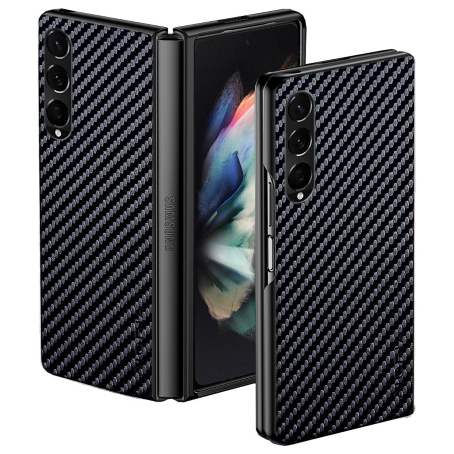 AIORIA for Samsung Galaxy Z Fold3 5G Anti-scratch Phone Case Carbon Fiber Texture PU Leather +PC Bumper Shockproof Mobile Phone Cover