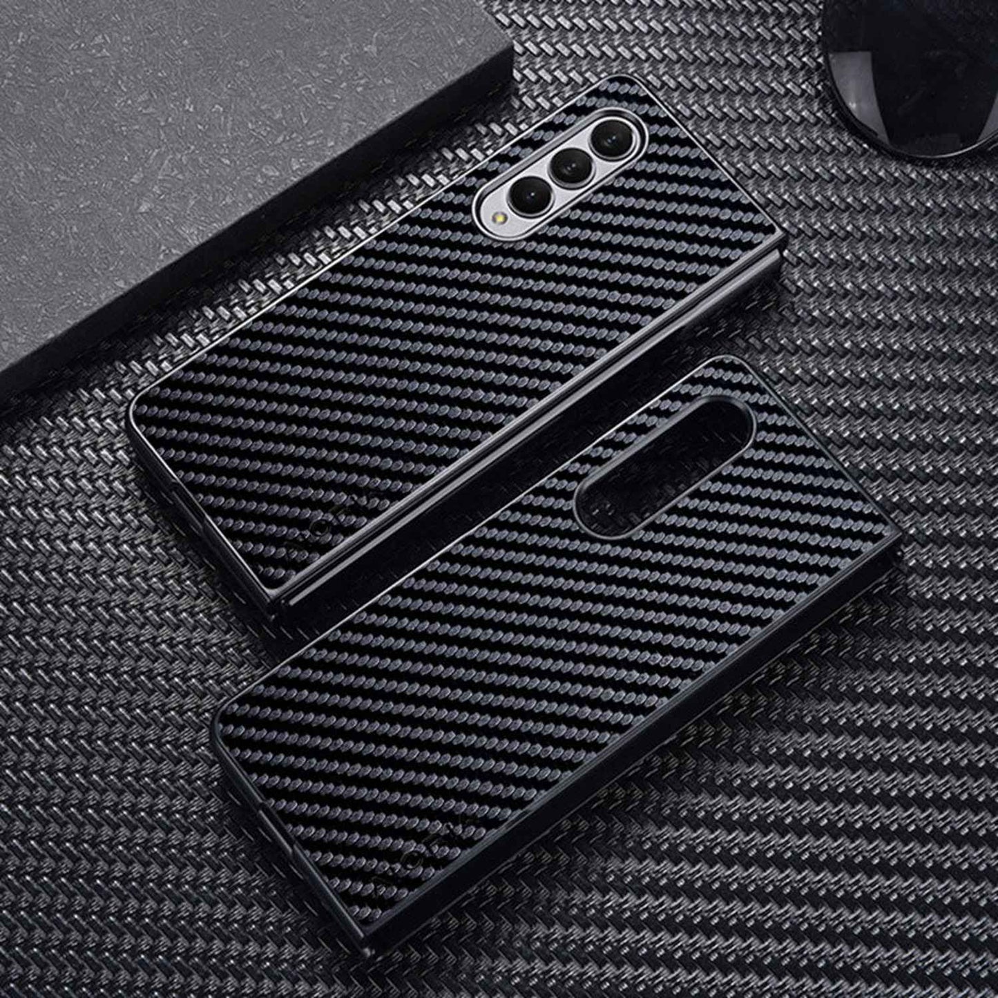 AIORIA for Samsung Galaxy Z Fold3 5G Anti-scratch Phone Case Carbon Fiber Texture PU Leather +PC Bumper Shockproof Mobile Phone Cover
