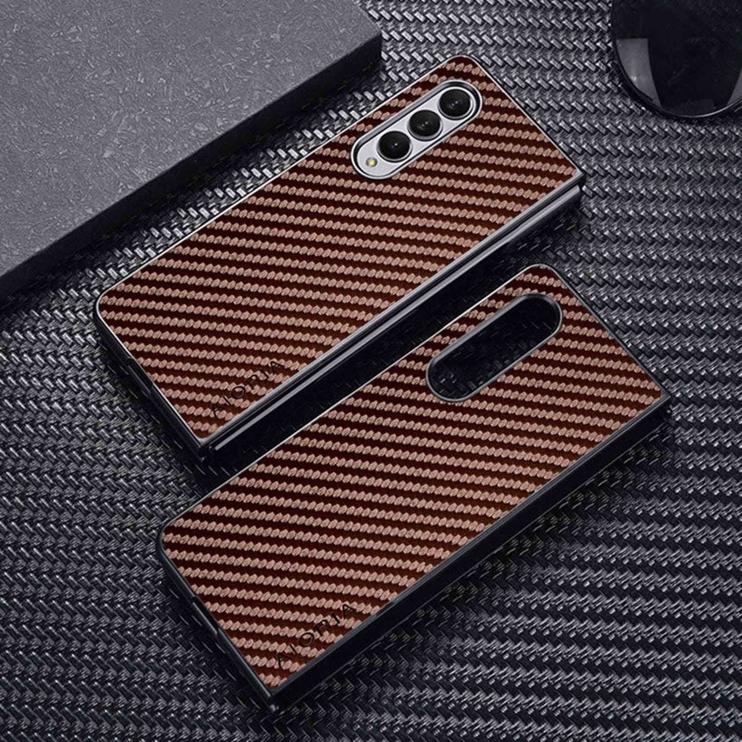 AIORIA for Samsung Galaxy Z Fold3 5G Anti-scratch Phone Case Carbon Fiber Texture PU Leather +PC Bumper Shockproof Mobile Phone Cover