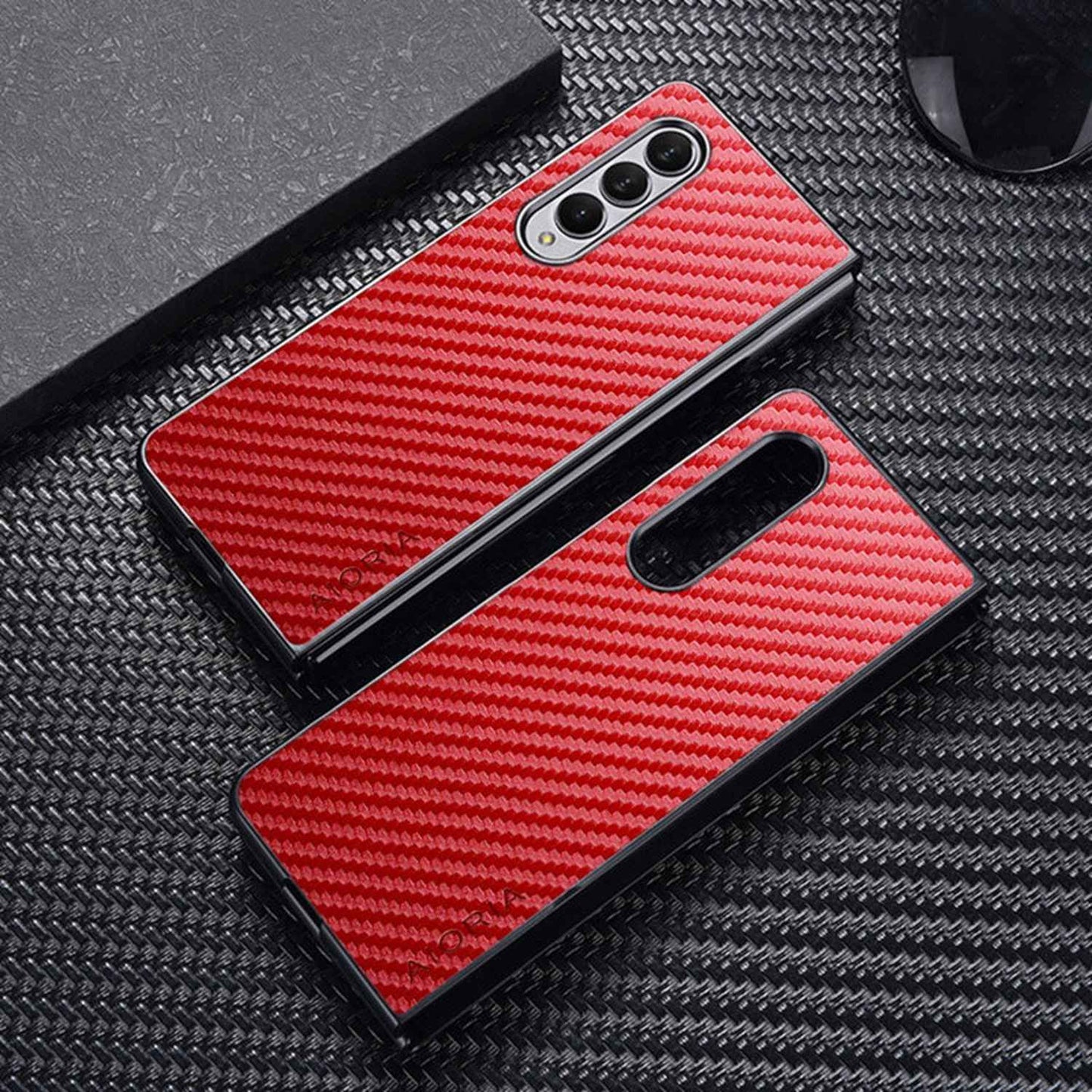 AIORIA for Samsung Galaxy Z Fold3 5G Anti-scratch Phone Case Carbon Fiber Texture PU Leather +PC Bumper Shockproof Mobile Phone Cover