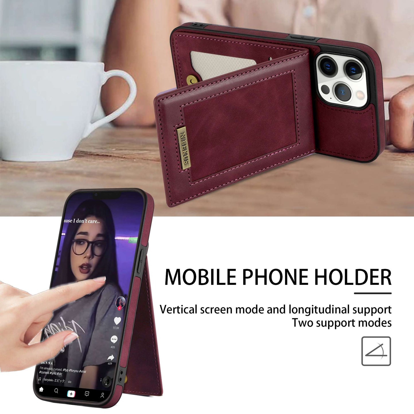 N.BEKUS RFID Blocking Phone Case for iPhone 13 Pro 6.1 inch, Vertical Card Holder Kickstand Design PU Leather and TPU Phone Cover