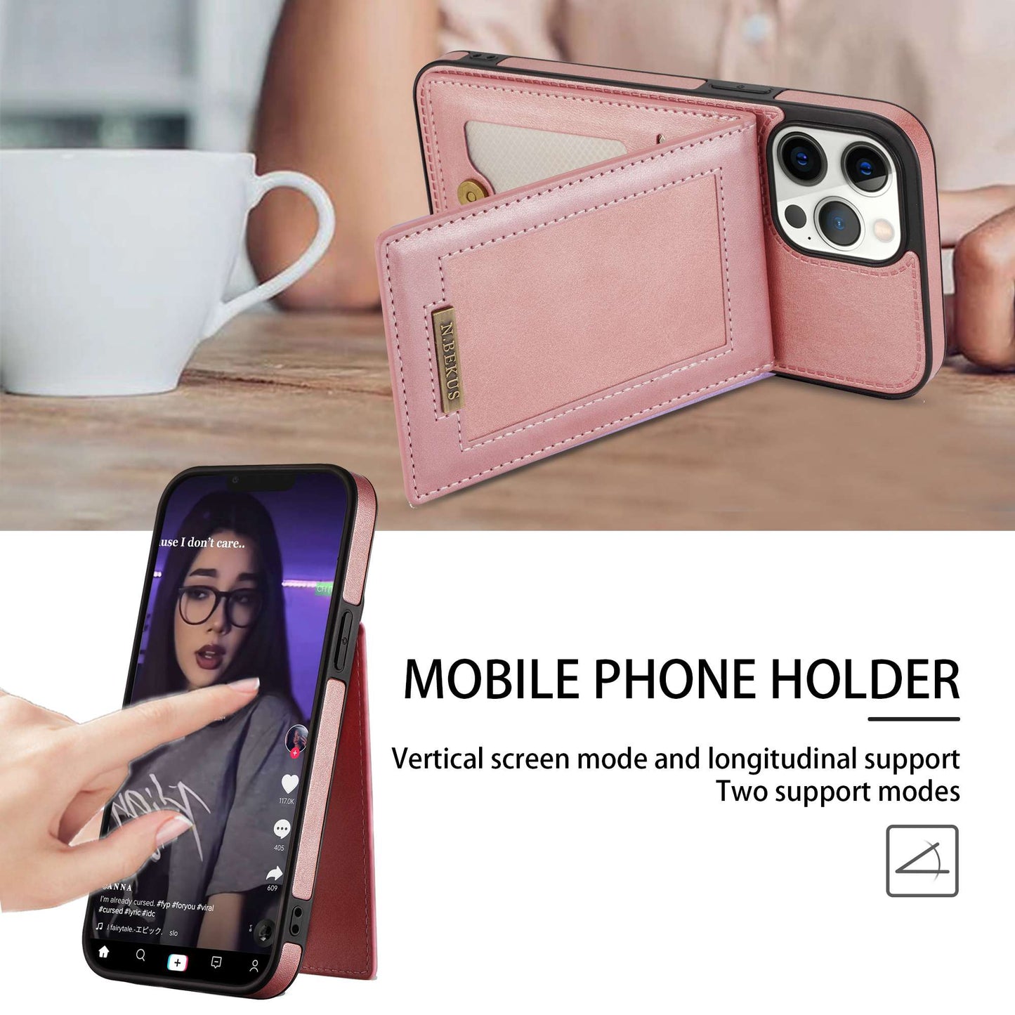 N.BEKUS RFID Blocking Phone Case for iPhone 13 Pro 6.1 inch, Vertical Card Holder Kickstand Design PU Leather and TPU Phone Cover