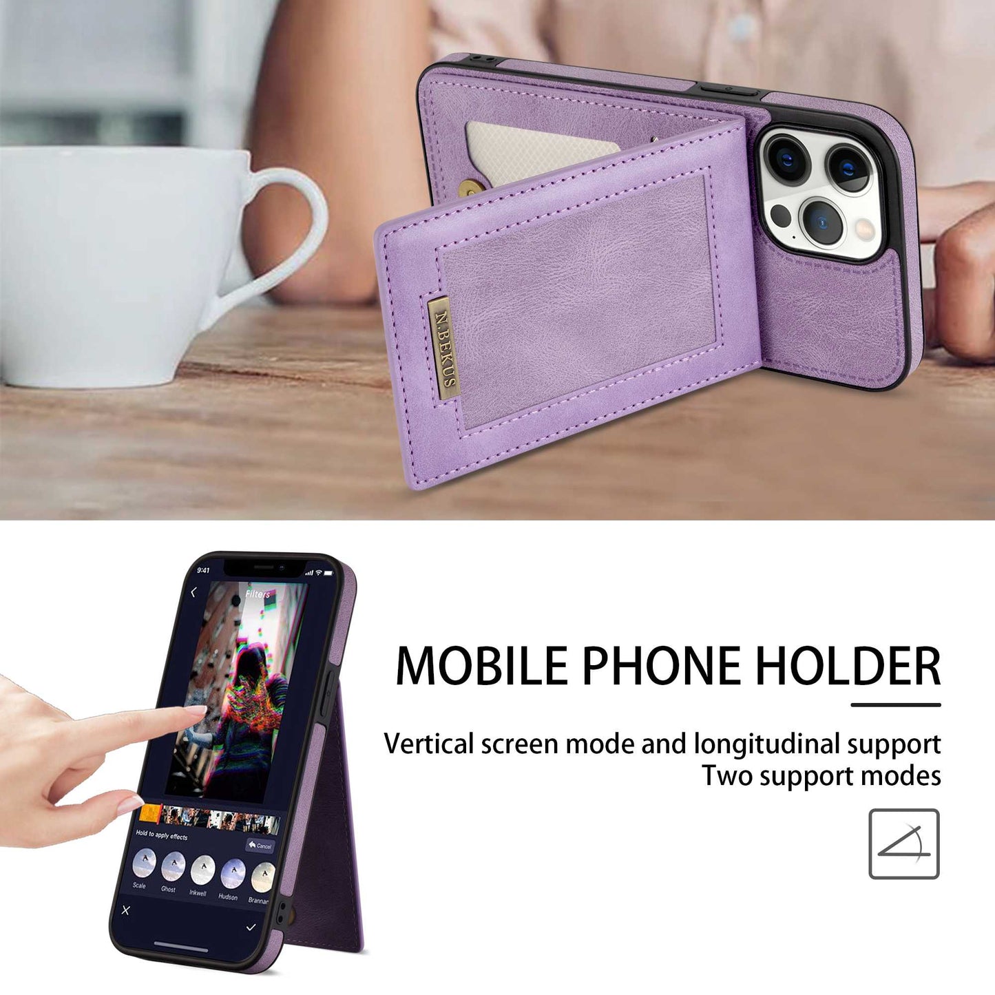 N.BEKUS RFID Blocking Phone Case for iPhone 13 Pro 6.1 inch, Vertical Card Holder Kickstand Design PU Leather and TPU Phone Cover