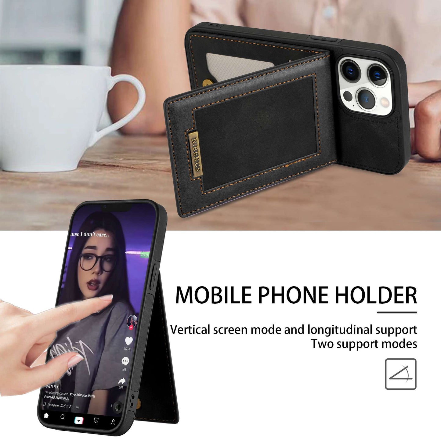 N.BEKUS RFID Blocking Phone Case for iPhone 13 Pro 6.1 inch, Vertical Card Holder Kickstand Design PU Leather and TPU Phone Cover