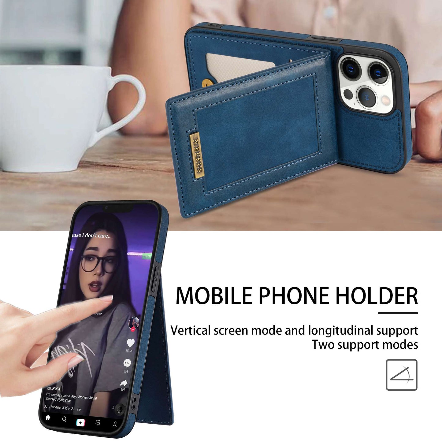 N.BEKUS RFID Blocking Phone Case for iPhone 13 Pro 6.1 inch, Vertical Card Holder Kickstand Design PU Leather and TPU Phone Cover