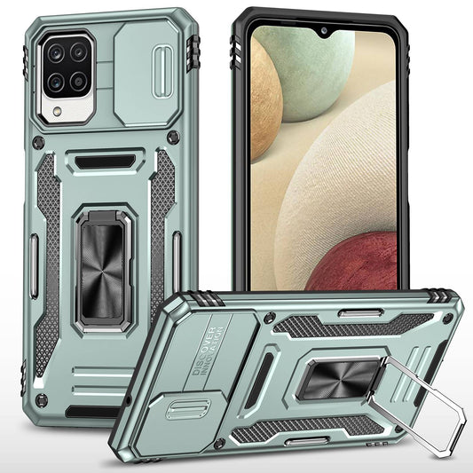 For Samsung Galaxy A12 / F12 / M12 Armor Series Hybrid Hard PC Soft TPU Shockproof Case Ring Car Mount Kickstand Back Shell with Camera Cover