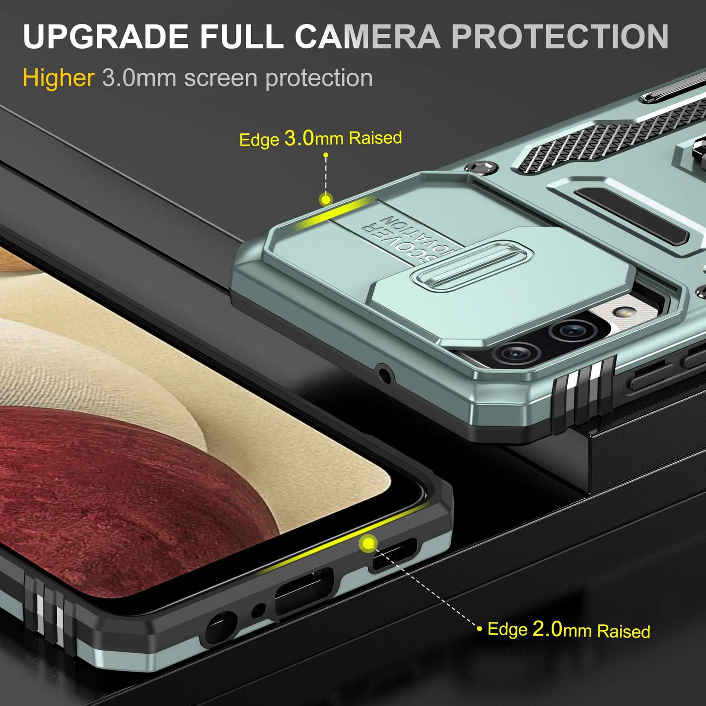 For Samsung Galaxy A12 / F12 / M12 Armor Series Hybrid Hard PC Soft TPU Shockproof Case Ring Car Mount Kickstand Back Shell with Camera Cover