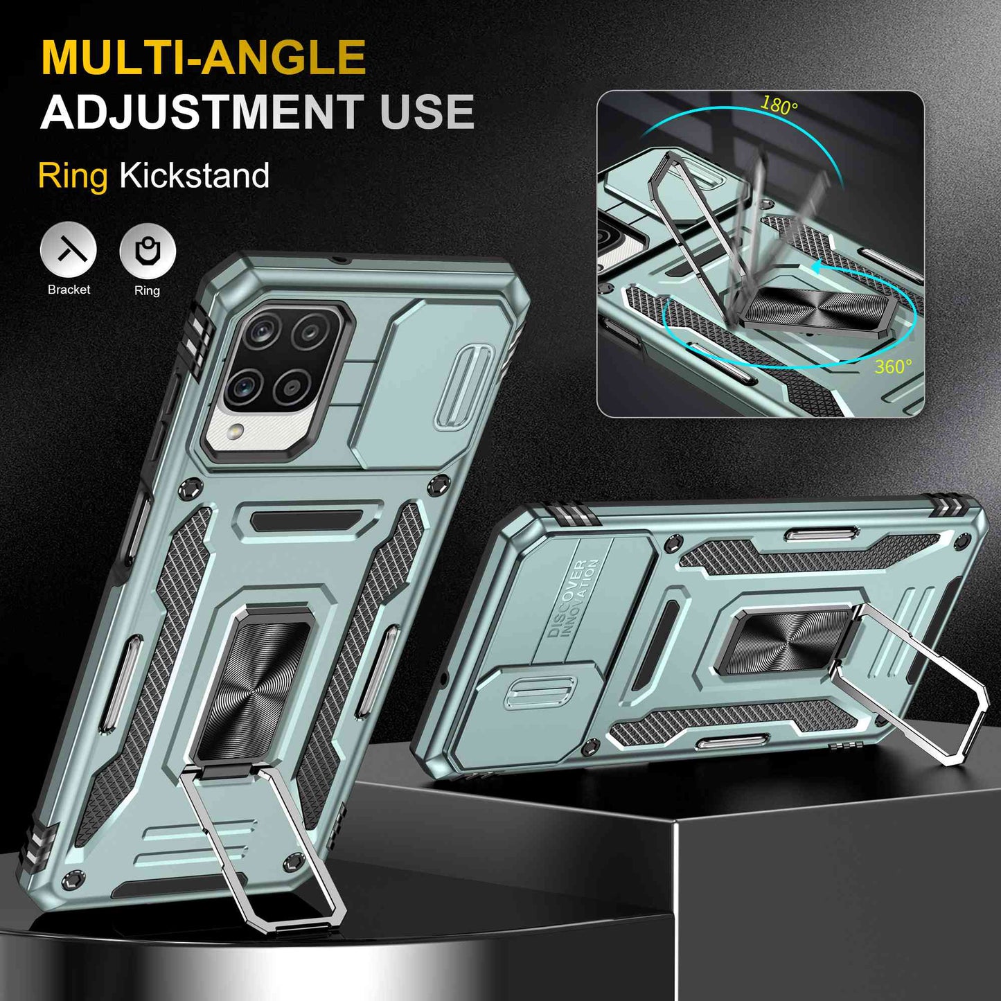 For Samsung Galaxy A12 / F12 / M12 Armor Series Hybrid Hard PC Soft TPU Shockproof Case Ring Car Mount Kickstand Back Shell with Camera Cover
