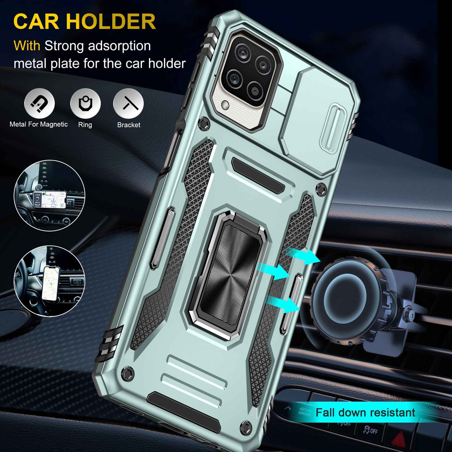 For Samsung Galaxy A12 / F12 / M12 Armor Series Hybrid Hard PC Soft TPU Shockproof Case Ring Car Mount Kickstand Back Shell with Camera Cover