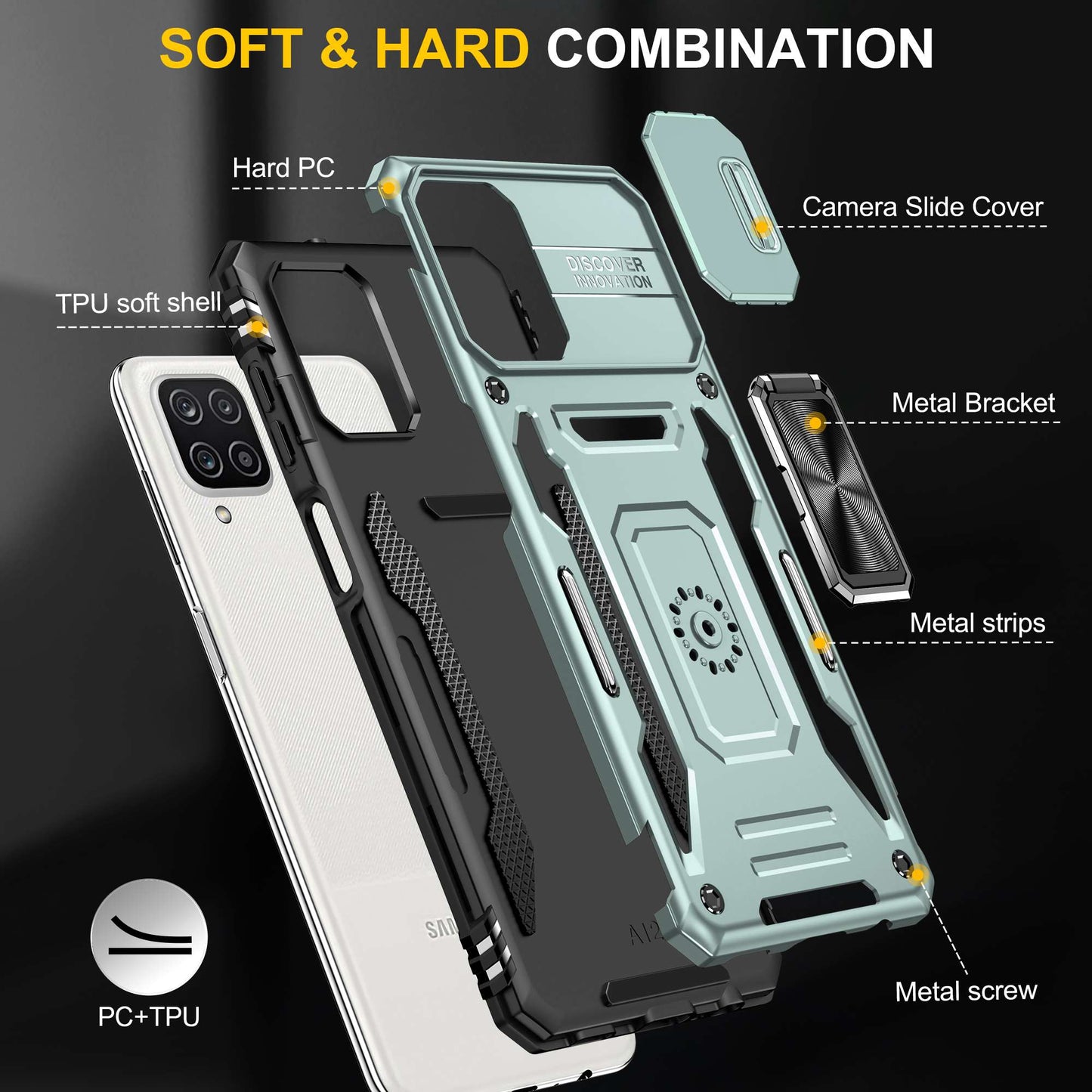 For Samsung Galaxy A12 / F12 / M12 Armor Series Hybrid Hard PC Soft TPU Shockproof Case Ring Car Mount Kickstand Back Shell with Camera Cover