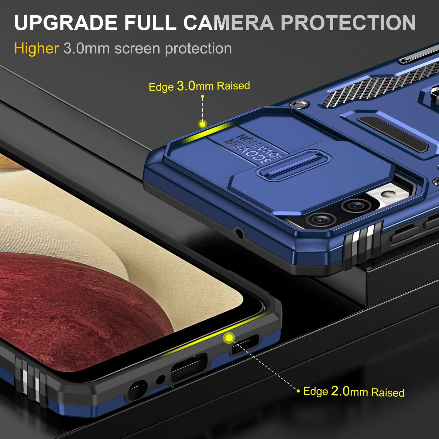 For Samsung Galaxy A12 / F12 / M12 Armor Series Hybrid Hard PC Soft TPU Shockproof Case Ring Car Mount Kickstand Back Shell with Camera Cover