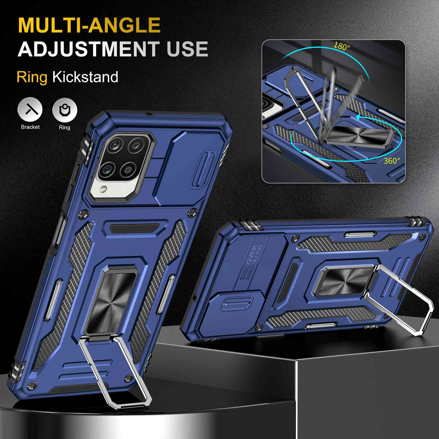 For Samsung Galaxy A12 / F12 / M12 Armor Series Hybrid Hard PC Soft TPU Shockproof Case Ring Car Mount Kickstand Back Shell with Camera Cover